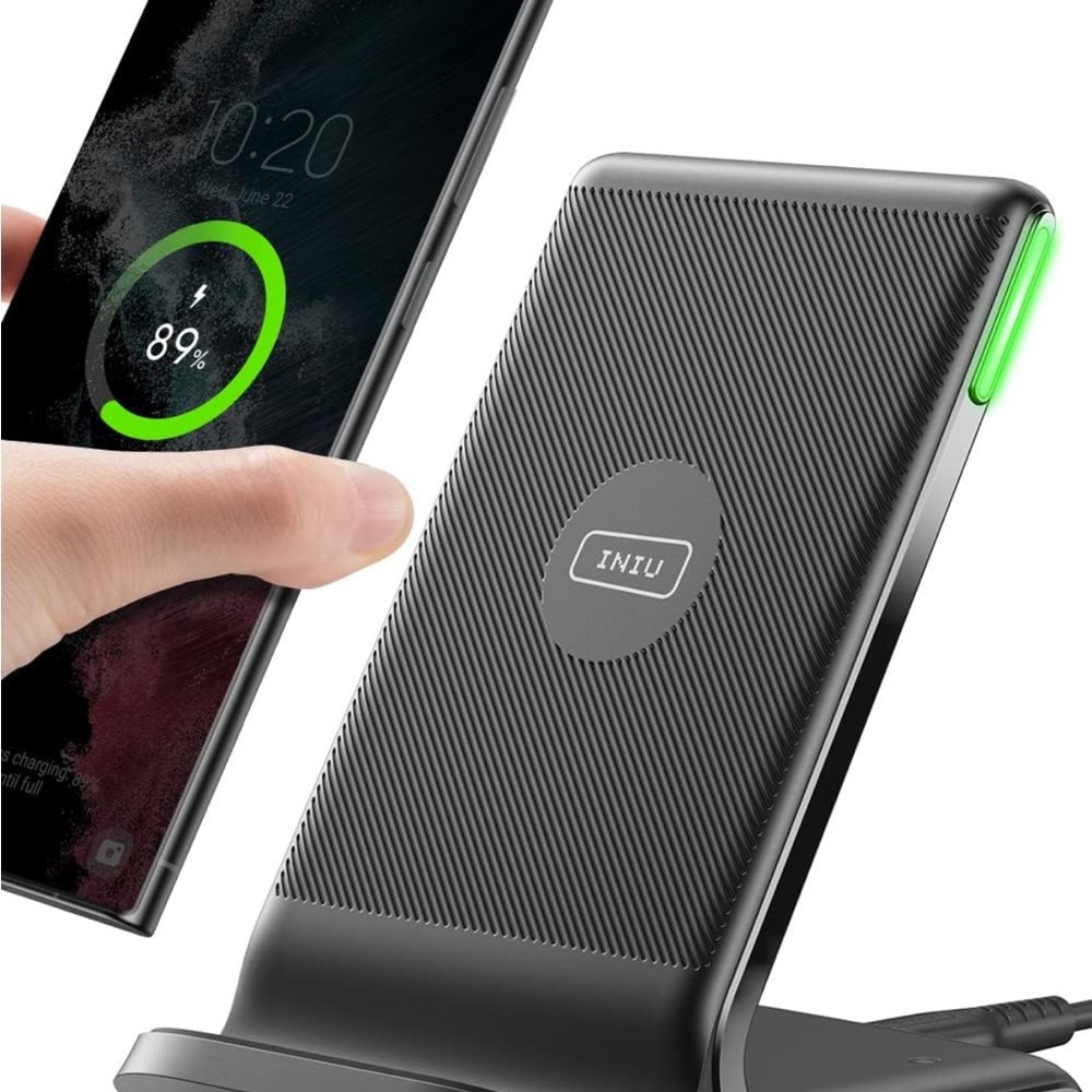 Black and Green Wireless Charging Stand with Textured Surface